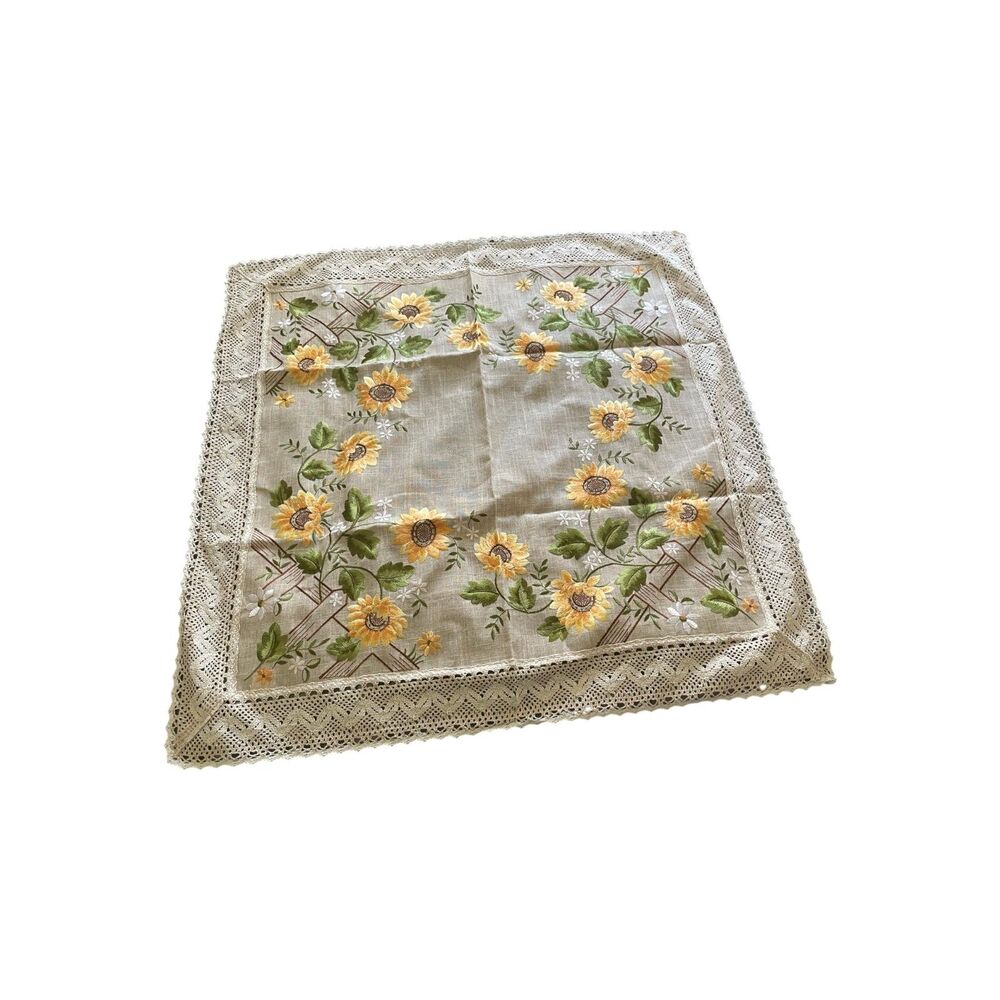 NIB Vintage Embroidered Sunflower Square Tablecloth Table Topper 33x33" Cottage